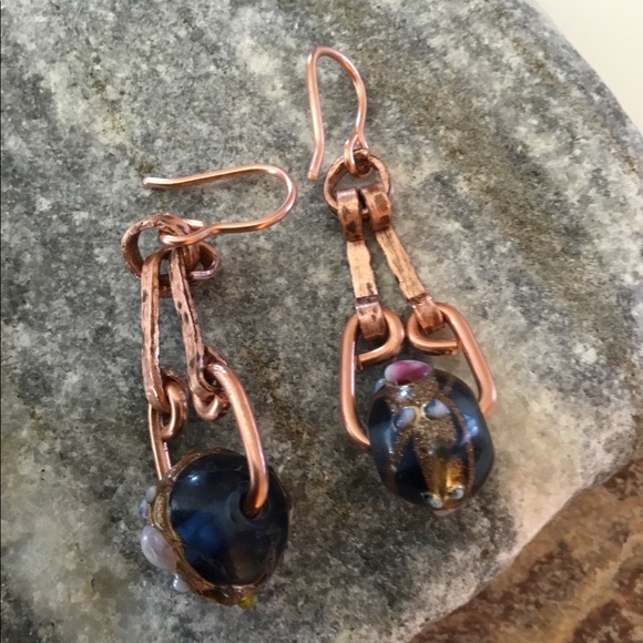 Blue Pressed Glass, Solid Copper Pendant Earrings - Picture 8 of 8